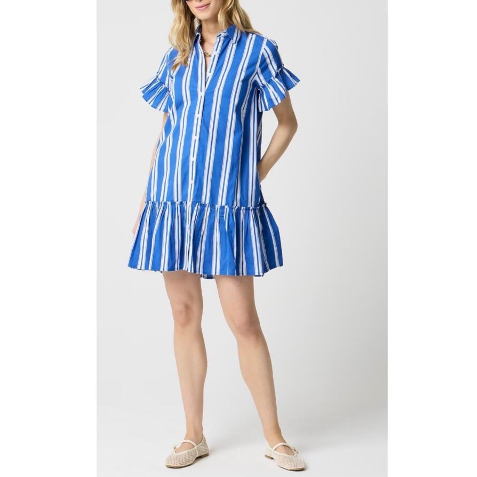 J. Crew Women's Ruffle Sleeve Mini Shirt Dress Blue Striped Cotton Size 12